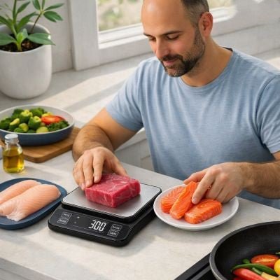 papa pèse poisson avec balance de cuisine