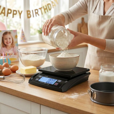 nana pese farine avec balance cuisine numérique