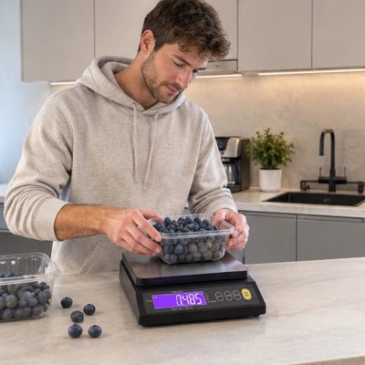 papa pèse bleutes avec balance cuisine