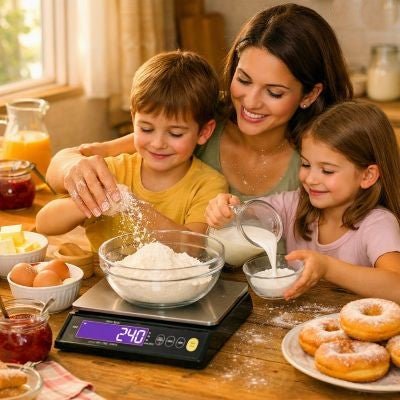 mama pèse lait avec balance cuisine