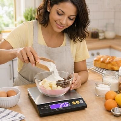 mama pese aliments pour beignets avec balance cuisine
