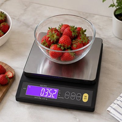 papa pèse fraises avec balance cuisine