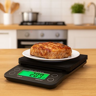 nana pese plat viande avec balance cuisine