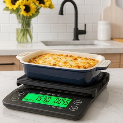 nana pese plat lasagne avec balance cuisine