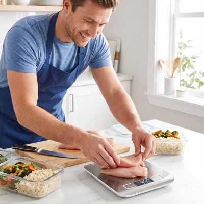 papa pese morceau de poulet avec balance cuisine 