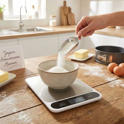nana pese sucre avec balance de cuisine 