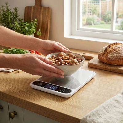 nana pese noix avec balance de cuisine 