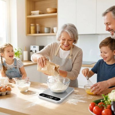 mamy pese farine avec balance de cuisine