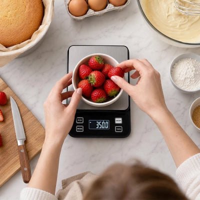 mama pèse fruits avec balance de cuisine
