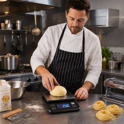 papa pèse pâtes fraiches avec balance de cuisine