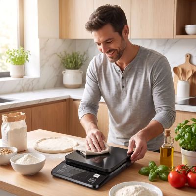 papa nettoie balance de cuisine avec un chiffon