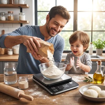 papa et fils pèsent farine avec balance de cuisine