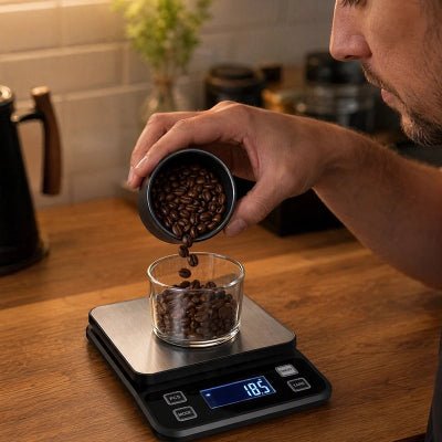 fils pese grains cafe avec balance de cuisine