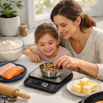 mama pèse noix avec balance de cuisine