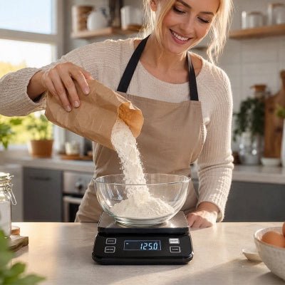 mama pese farine riz avec balance de cuisine