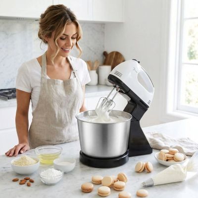 mama prépare base macaron avec batteur électrique