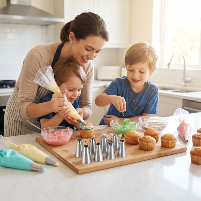mama décore cupcakes avec douille patisserie rosece