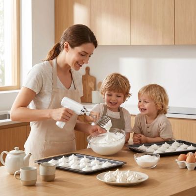 mama prépare meringues avec fouet electrique 