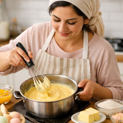 nana prepare bechamel avec fouet patissier