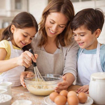 nana et fille preparent biscuits avec fouet patissier