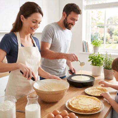 papa prepare pate crepes avec fouet patissier