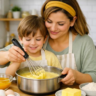 nana prepare creme patissiere avec fouet patissier