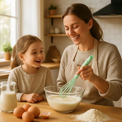 maman et fille utilisent fouet pour pate gateau