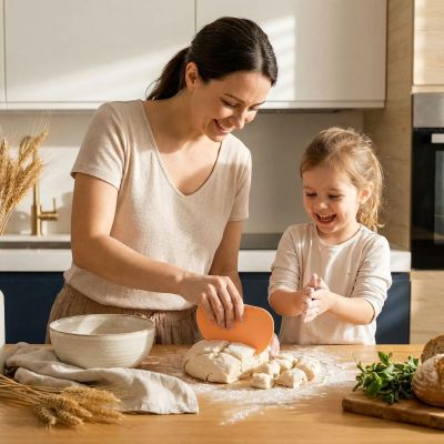 mama coupe petits pains avec grattoir a pate