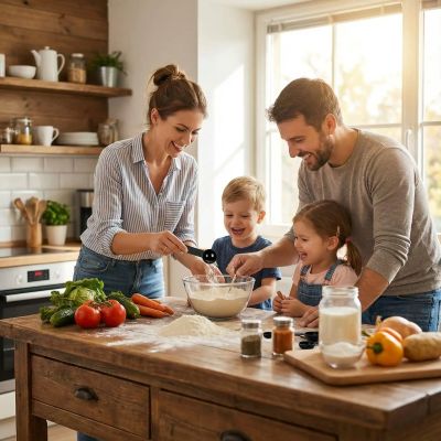 maman et enfants mesurent farine avec cuillere doseuse