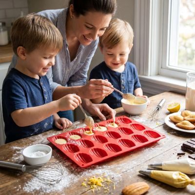 mama et enfant decorent gateaux dans moule à madeleine