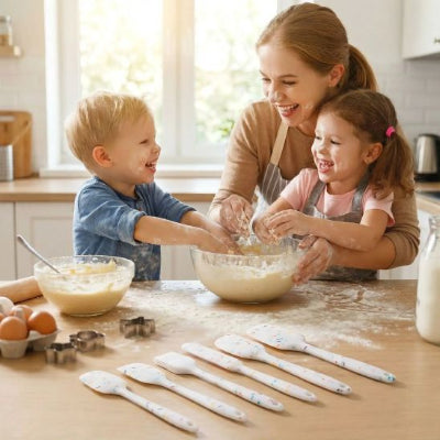 nana et enfants melangent pate gateau avec maryse