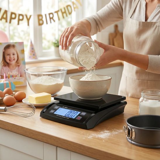 nana pese farine avec balance cuisine numerique