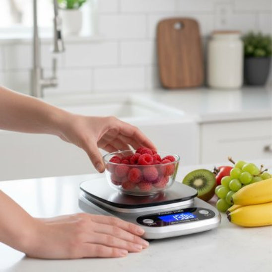 nana pese framboises avec balance cuisine numerique