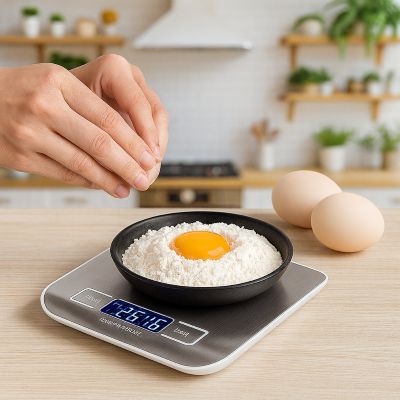 nana pese oeufs et farine avec balance cuisine 