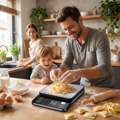 papa pèse pâte fraiche avec balance de cuisine