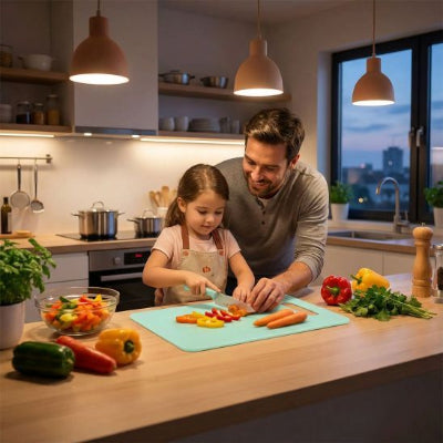 papa et fille decoupent poivron sur planche à découper