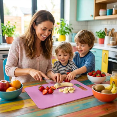 maman et enfants decoupent fruits sur planche à découper