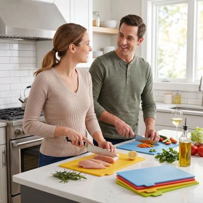 nana découpe poulet sur planche a découper