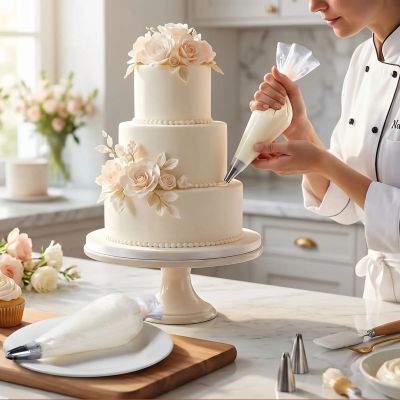 nana décore gâteau mariage avec poche à douille pâtisserie