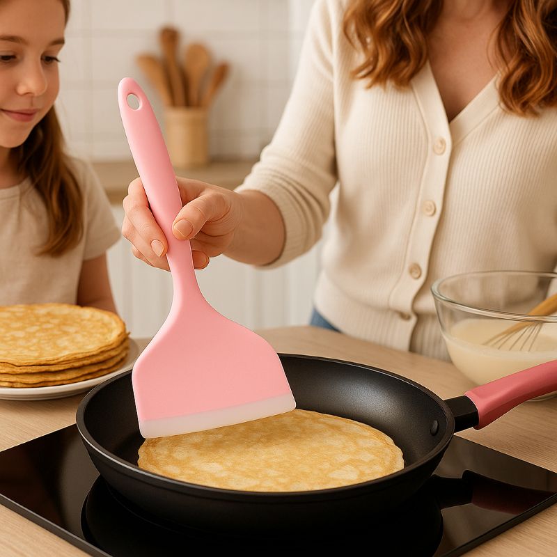 maman retourne pancake avec spatule cuisine