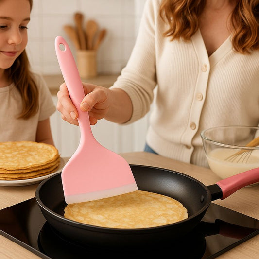 maman retourne pancake avec spatule cuisine