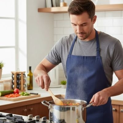 papa melange ragut dans marmite avec spatule en bois