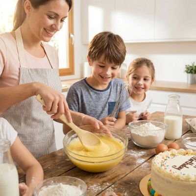 mama melange pate gateau avec spatule en bois 