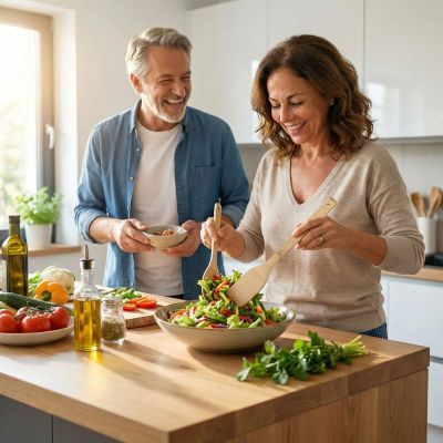 nana melange salade dans bol avec spatule en bois 