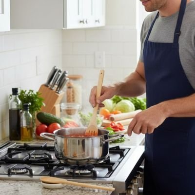 papa elange sauce sur feu avec spatue en bois 