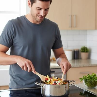 papa melange legumes vapeur avec spatule en bois 