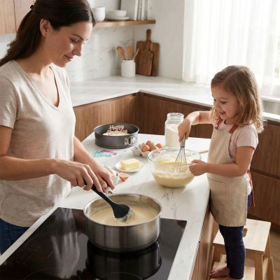 nana prepare creme patissiere avec spatule en silicone