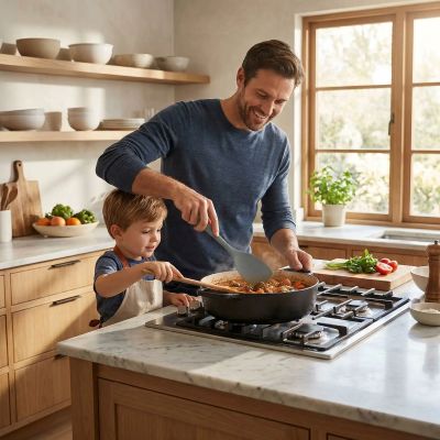 papa et fils preparent repas avec spatule en bois 