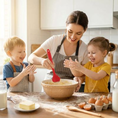 nana melange pate gateau avec spatule en silicone