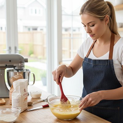 sana melange pate genoise avec spatule en bois